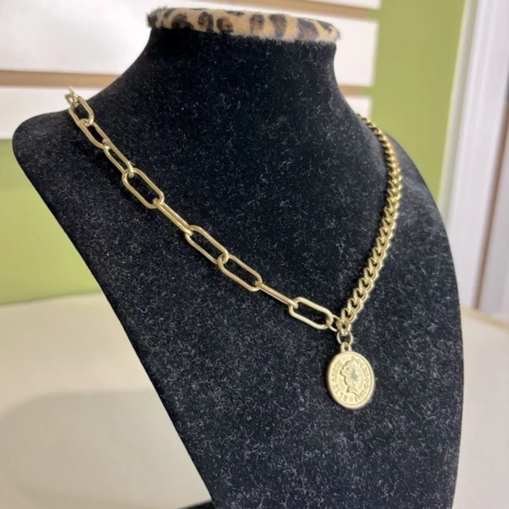Adornia Water Resistant Mixed Chain Gold Coin Necklace New - Picture 2 of 8